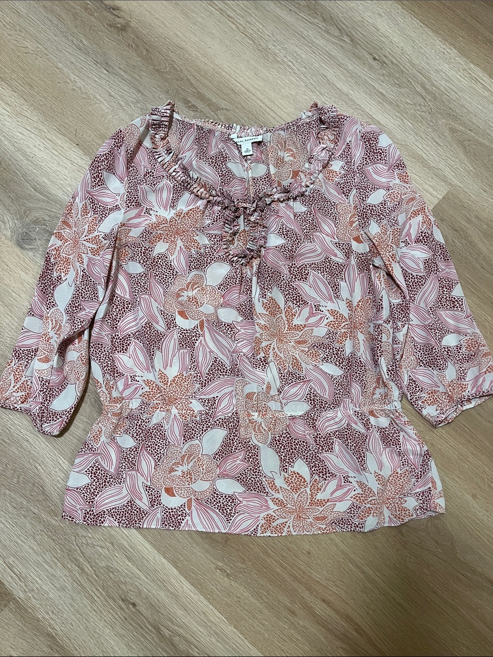 Banana Republic Pink Floral Ruffle Blouse with Key Hole Neckline